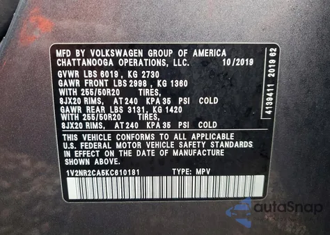 2019 Volkswagen Atlas Sel Premium z USA, uszkodzony, nr VIN 1V2NR2CA5KC610181